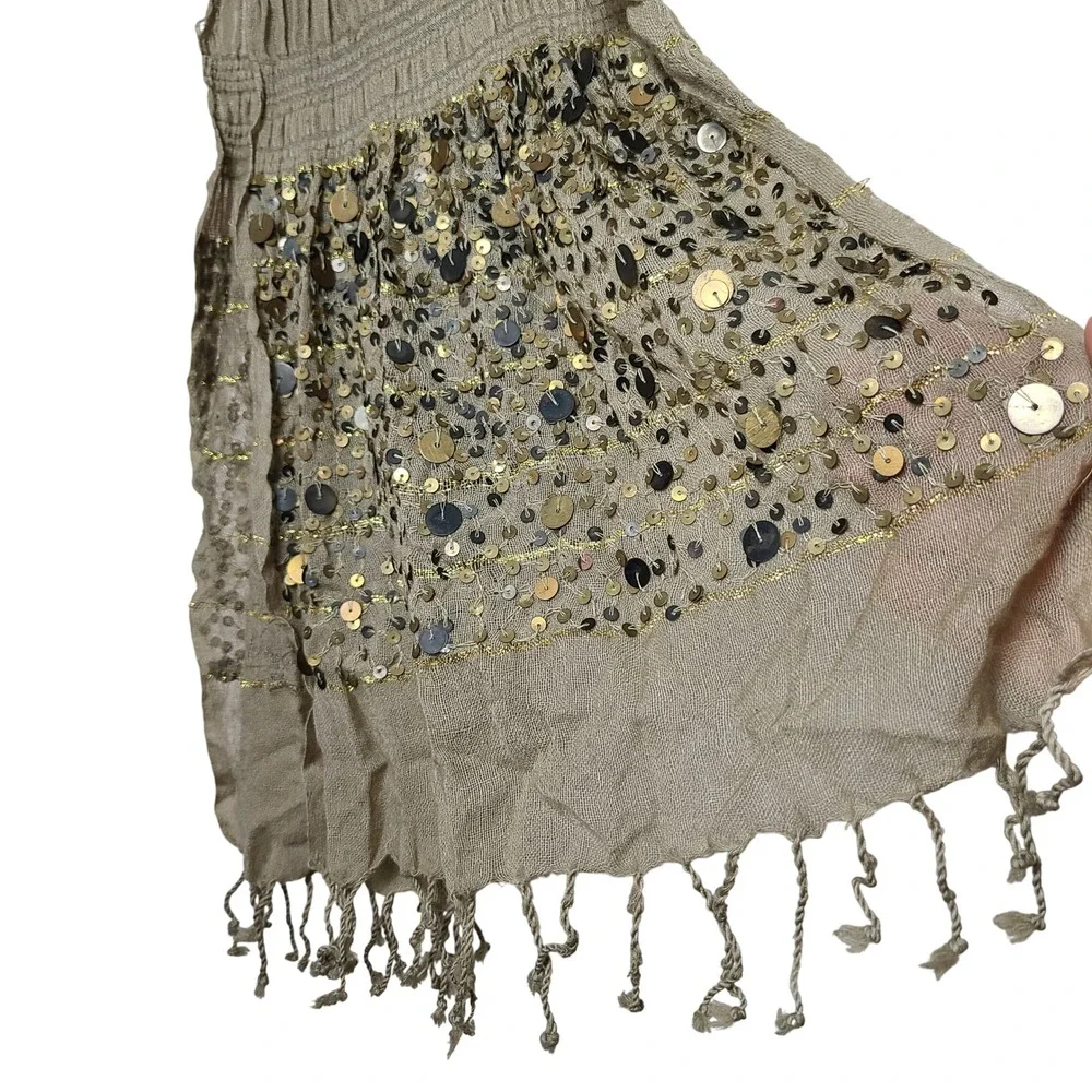 JIGSAW Stone Brown Wool Blend Scarf Fringe Sequins Gypsy Festival Global Artisan